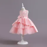 Toddler Girls Sleeveless Flower Embroidery Bowknot Belt Formal Maxi Puffy Dress