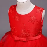 Toddler Girls Sleeveless Flower Embroidery Bowknot Belt Formal Midi Dress
