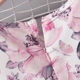 Toddler Girls Flying Sleeves Bowknot Flower Prints Mesh Casual Dress