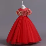 Toddler Girls Flying Sleeve Sequin Bowknot Belt Formal Maxi Puffy Dress