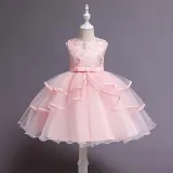 Toddler Girls Sleeveless Embroidery Flower Bowknot Belt Formal Midi Mesh Dress