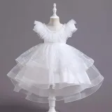 Toddler Girls Sleeveless Lace Collar Butterfly Mesh Bowknot Belt Formal Fishtail Midi Dress
