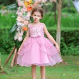 Toddler Girls Sleeveless Embroidery Flower Bowknot Belt Formal Midi Mesh Dress