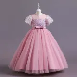Toddler Girls Flying Sleeve Sequin Bowknot Belt Formal Maxi Puffy Dress