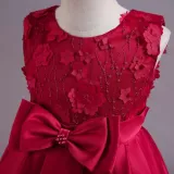 Toddler Girls Sleeveless Flower Embroidery Bowknot Belt Formal Maxi Puffy Dress