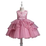 Toddler Girls Sleeveless Embroidery Flower Bowknot Belt Formal Midi Mesh Dress