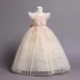 Toddler Girls Flying Sleeve Flower Embroidery Sequin Formal Puffy Maxi Dress