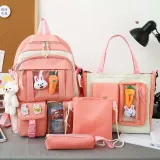 Adult Unisex 4 Pieces Casual Bunny Backpack with Bear Pendant Canvas Bucket Bag Cross Bag Pen Pouch Schoolbags