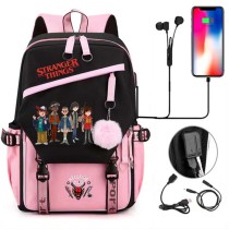 Adult Unisex Lightweight Cartoon Stranger Friends Backpack Laptop Bags Kids Schoolbags with USB Charging Port