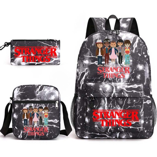 Adult Unisex Lightweight Casual Sports Lighting Cartoon Stranger Friends Backpack Travel Bag with Cross Bag and Stationery Bag