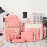 Adult Unisex Casual Backpack with Canvas Bucket Bag Cross Bag Pen Pouch Schoolbags