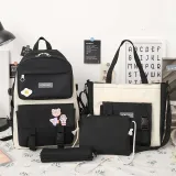 Adult Unisex Casual Backpack with Canvas Bucket Bag Cross Bag Pen Pouch Schoolbags