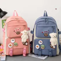 Adult Unisex 5 Pieces Casual Backpack with Bear Pendant Canvas Bucket Bag Cross Bag Pen Pouch Schoolbags