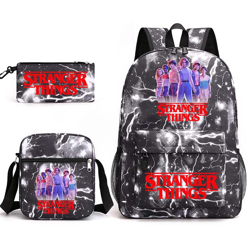 Adult Unisex Lightweight Casual Sports Lighting Stranger Six Friends Backpack Travel Bag with Cross Bag and Stationery Bag