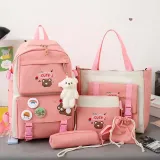 Adult Unisex 5 Pieces Casual Backpack with Bear Pendant Canvas Bucket Bag Cross Bag Pen Pouch Schoolbags
