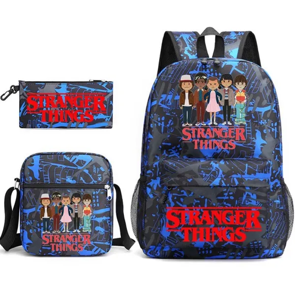 Adult Unisex Lightweight Casual Sports Cartoon Stranger Friends Backpack with Cross Bag and Stationery Bag