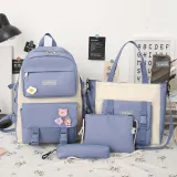 Adult Unisex Casual Backpack with Canvas Bucket Bag Cross Bag Pen Pouch Schoolbags