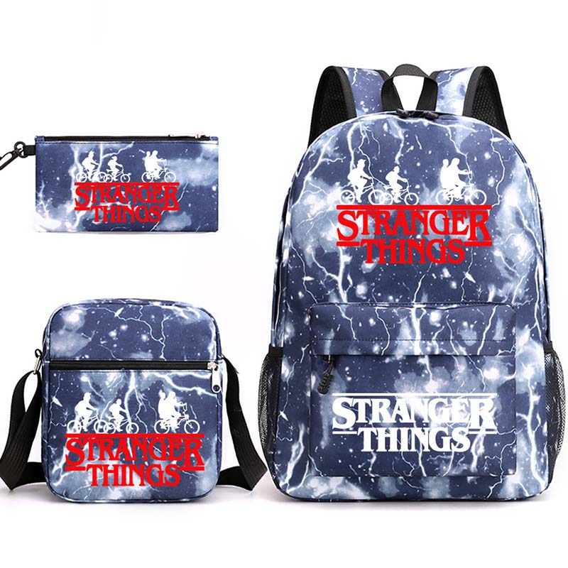 Adult Unisex Lightweight Casual Sports Lighting Stranger Friends Backpack Travel Bag with Cross Bag and Stationery Bag