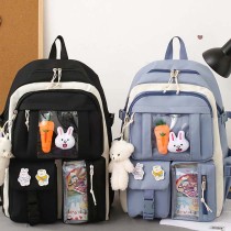 Adult Unisex 4 Pieces Casual Bunny Backpack with Bear Pendant Canvas Bucket Bag Cross Bag Pen Pouch Schoolbags
