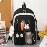 Adult Unisex 4 Pieces Casual Bunny Backpack with Bear Pendant Canvas Bucket Bag Cross Bag Pen Pouch Schoolbags