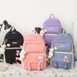 Adult Unisex Casual Backpack with Canvas Bucket Bag Cross Bag Pen Pouch Schoolbags