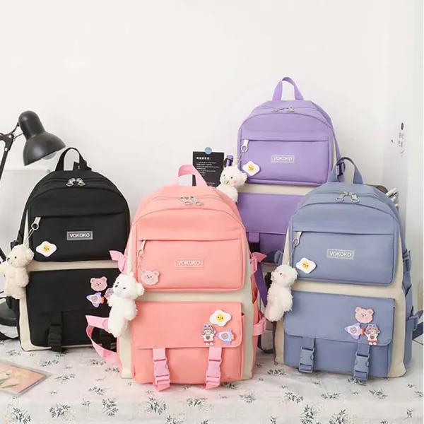 Adult Unisex Casual Backpack with Canvas Bucket Bag Cross Bag Pen Pouch Schoolbags