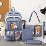 Adult Unisex 4 Pieces Casual Bunny Backpack with Bear Pendant Canvas Bucket Bag Cross Bag Pen Pouch Schoolbags