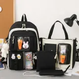 Adult Unisex 4 Pieces Casual Bunny Backpack with Bear Pendant Canvas Bucket Bag Cross Bag Pen Pouch Schoolbags