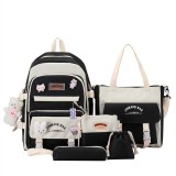 Adult Unisex 5 Pieces Casual Backpack with Canvas Bucket Bag Cross Bag Pen Pouch Schoolbags