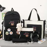 Adult Unisex 5 Pieces Casual Backpack with Bear Pendant Canvas Bucket Bag Cross Bag Pen Pouch Schoolbags