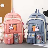 Adult Unisex 4 Pieces Casual Bunny Backpack with Bear Pendant Canvas Bucket Bag Cross Bag Pen Pouch Schoolbags