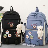 Adult Unisex 5 Pieces Casual Backpack with Bear Pendant Canvas Bucket Bag Cross Bag Pen Pouch Schoolbags