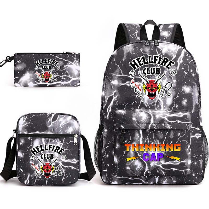 Adult Unisex Lightweight Casual Sports Lighting Hellfire Club Backpack Travel Bag with Cross Bag and Stationery Bag