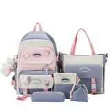 Adult Unisex 5 Pieces Casual Backpack with Canvas Bucket Bag Cross Bag Pen Pouch Schoolbags