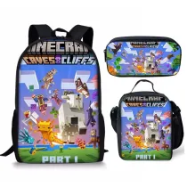 Toddler Kids Fashion Schoolbag Cartoon Building Blocks Character Primary School Backbags with Meal Pack and Stationery Bag