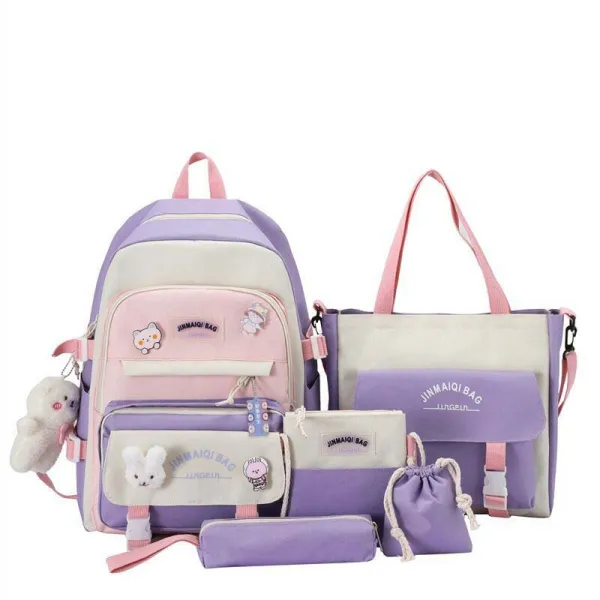 Adult Unisex 5 Pieces Casual Backpack with Canvas Bucket Bag Cross Bag Pen Pouch Schoolbags