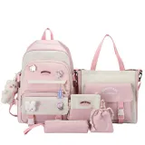 Adult Unisex 5 Pieces Casual Backpack with Canvas Bucket Bag Cross Bag Pen Pouch Schoolbags