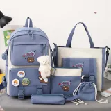 Adult Unisex 5 Pieces Casual Backpack with Bear Pendant Canvas Bucket Bag Cross Bag Pen Pouch Schoolbags