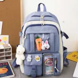 Adult Unisex 4 Pieces Casual Bunny Backpack with Bear Pendant Canvas Bucket Bag Cross Bag Pen Pouch Schoolbags