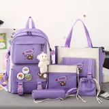 Adult Unisex 5 Pieces Casual Backpack with Bear Pendant Canvas Bucket Bag Cross Bag Pen Pouch Schoolbags