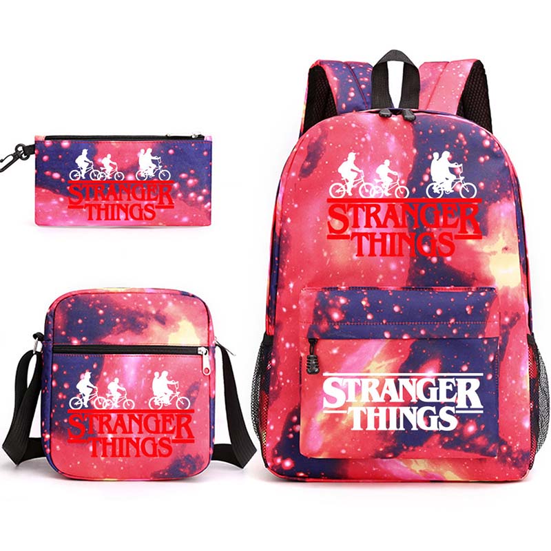 Adult Unisex Lightweight Casual Sports Starry Night Stranger Friends Backpack Travel Bag with Cross Bag and Stationery Bag