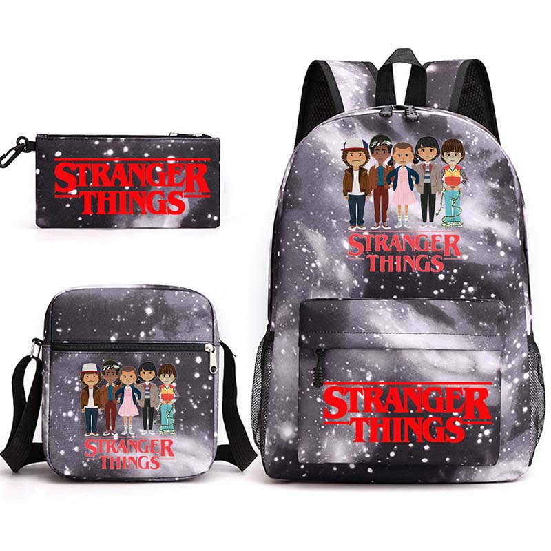 Adult Unisex Lightweight Casual Sports Starry Cartoon Night Stranger Friends Backpack with Cross Bag and Stationery Bag