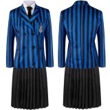 Girl Striped Wednesday Halloween Cosplay Costume School Uniform Suit 5 Pieces With Tie Coat Vest Shirt Skirt Full Set