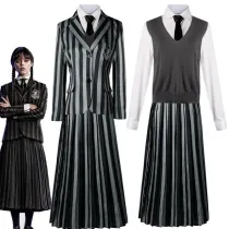 Toddler Girls Wednesday Striped Halloween Cosplay Costume School Uniform Suit 5 Pieces With Tie Coat Vest Shirt Skirt Full Set