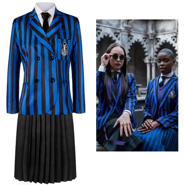 Girl Striped Wednesday Halloween Cosplay Costume School Uniform Suit 5 Pieces With Tie Coat Vest Shirt Skirt Full Set