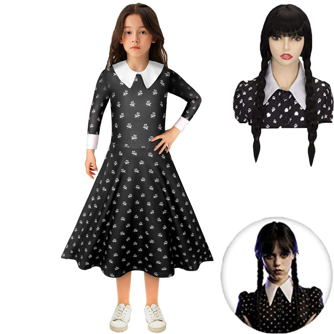 Toddler Girls Long Sleeve Wednesday Halloween Cosplay Dress