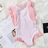 Toddler Girls One Piece Swimwear Floral Sleeve Pink Swimsuit with Swim Cap
