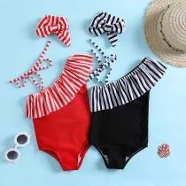 Toddler Girls One Pieces Swimwear One Shoulder Strip Swimsuit with Hair Bands