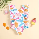Toddler Girls One Piece Swimwear Cartoon Dinosaurs Ruffles Swimsuit