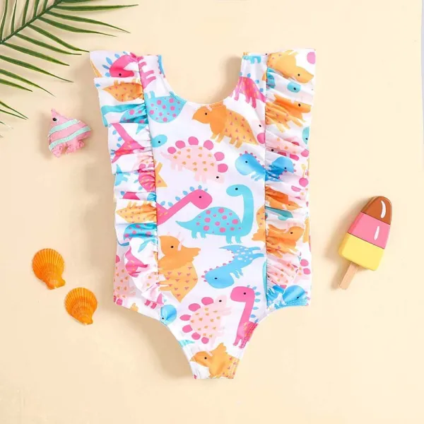 Toddler Girls One Piece Swimwear Cartoon Dinosaurs Ruffles Swimsuit